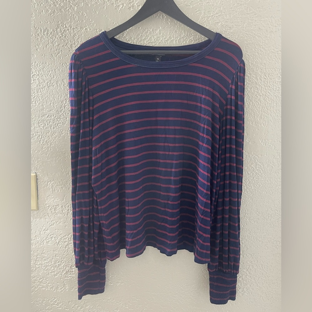White House Black‎ Market Women’s Casual Navy/Pink Striped Long Sleeve Blouse XL